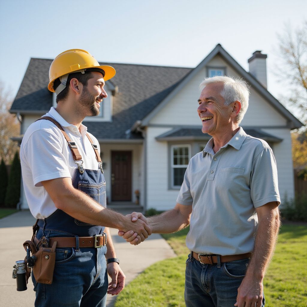 Construction worker in overalls and a hard hat shakes hands with a homeowner in front of a house.