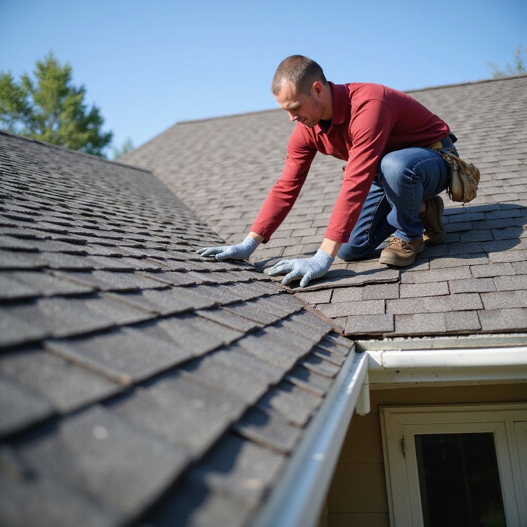 Roofer in a red shirt inspecting shingles on a roof. A gutter is in view.