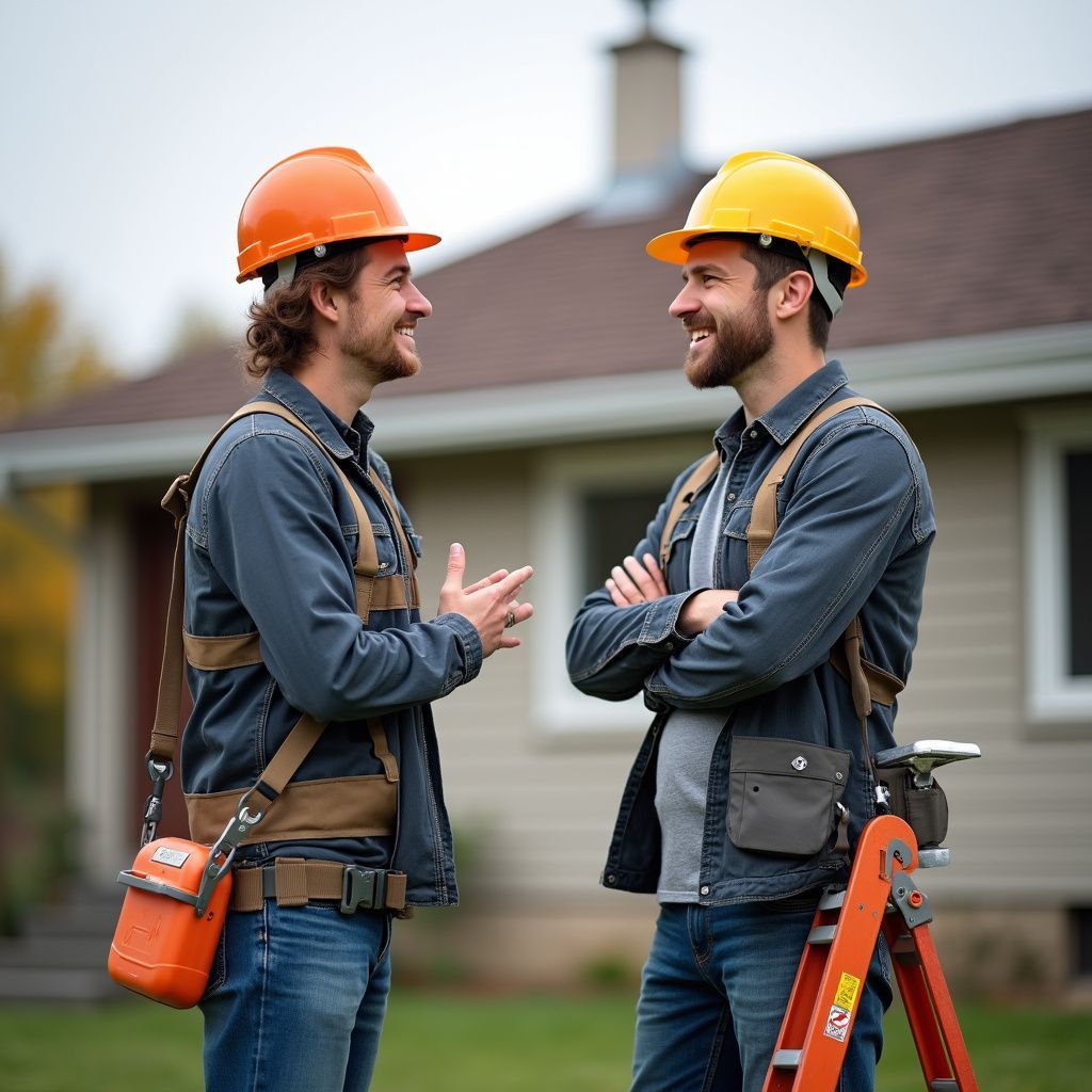 Two construction workers in hard hats talking outside a house.