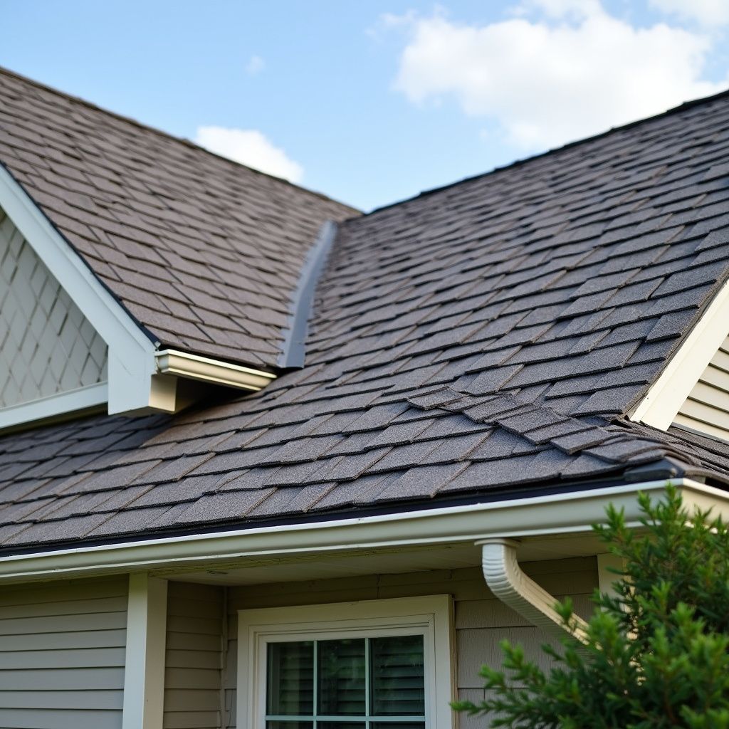 Close-up of a house roof with dark shingles, white trim, and a blue sky.