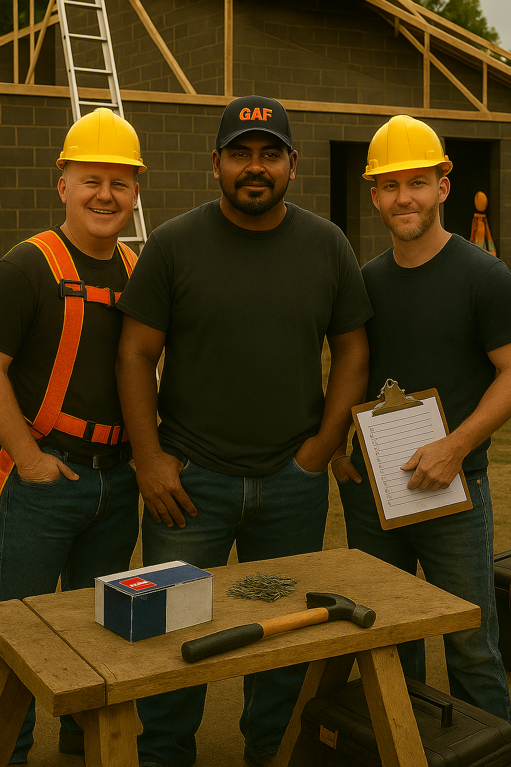 Three construction workers posing in front of a building under construction.