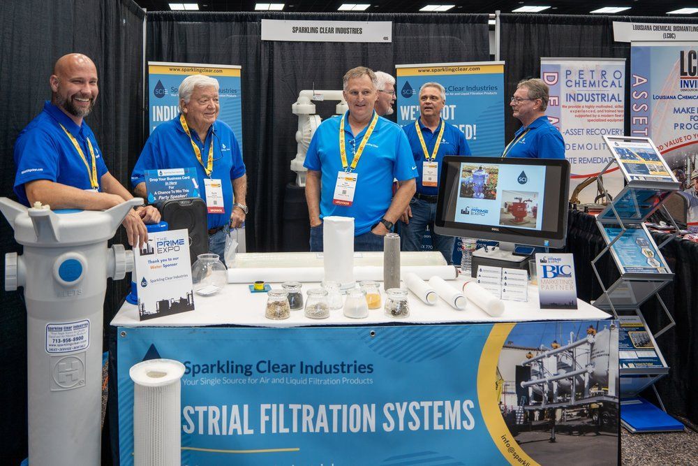 A group of men are standing around a table with a sign that says Industrial Filtration Systems.