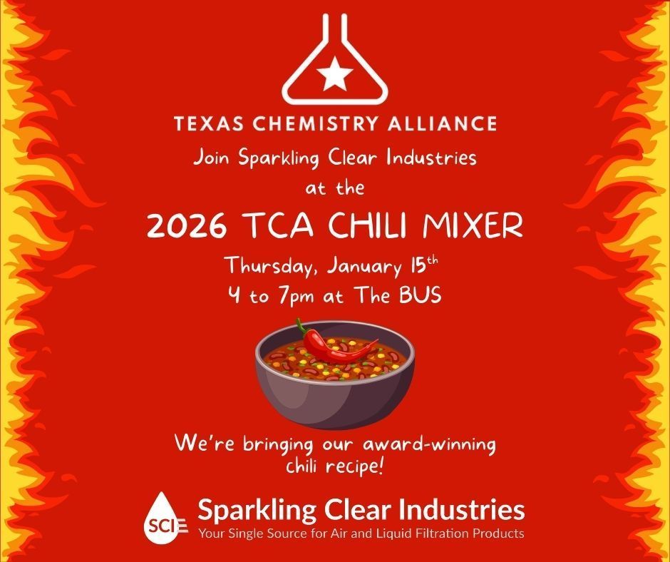 Poster for the 2026 TCA Chili Mixer, with Sparkling Clear Industries. Red background with chili bowl graphic.
