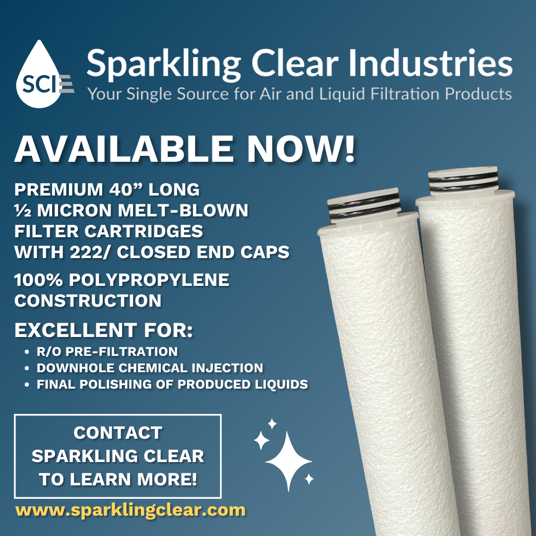 An advertisement for sparkling clear industries says that Premium ½ Micron Filter Cartridges are Available Now