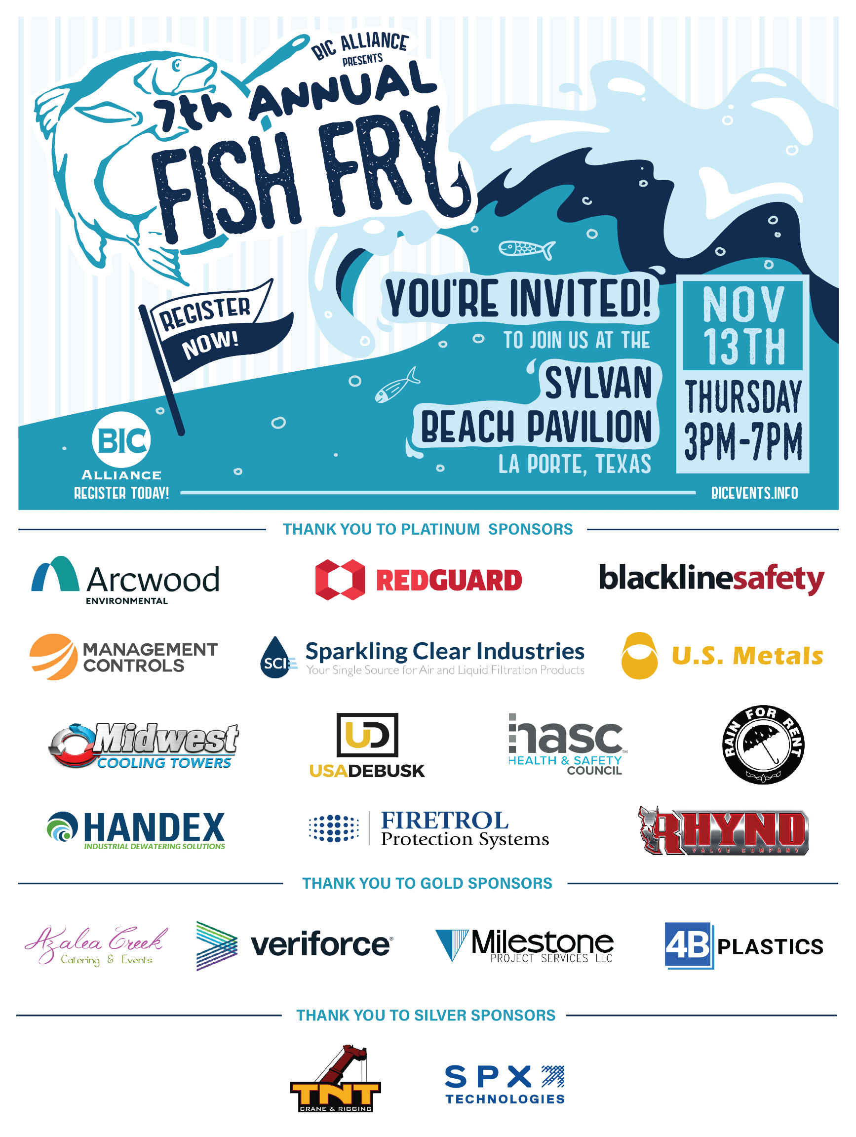 Poster for the 7th Annual Fish Fry at Sylvan Beach Pavilion in La Porte, Texas, with event details and sponsors.