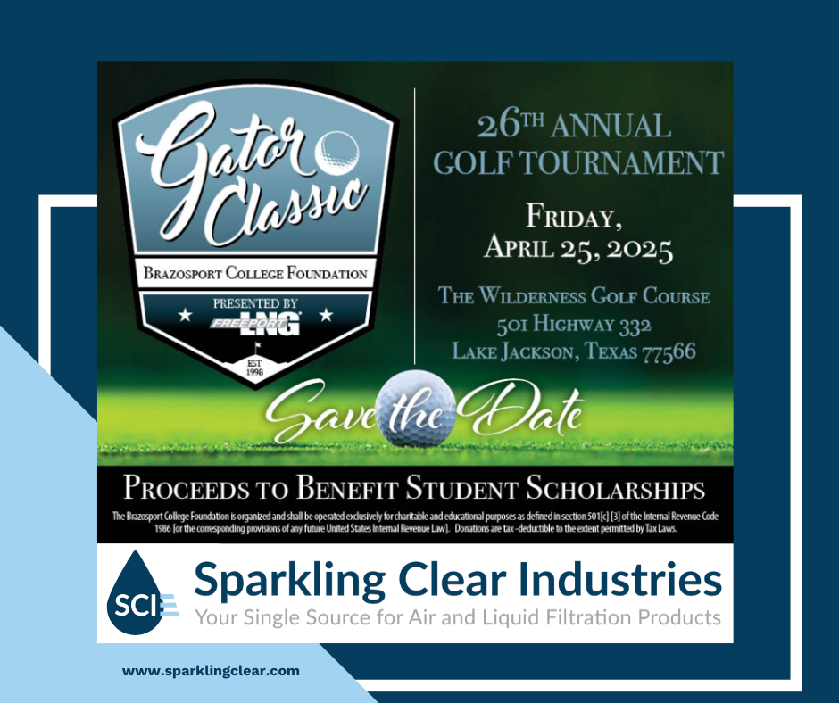 A promotional flyer for the Brazosport College Gator Classic Golf Tournament, featuring Sparkling Clear Industries as a hole sponsor. The flyer includes event details for April 25, 2025, at The Wilderness Golf Course in Lake Jackson, TX. The flyer includes company branding and a golf-themed design.