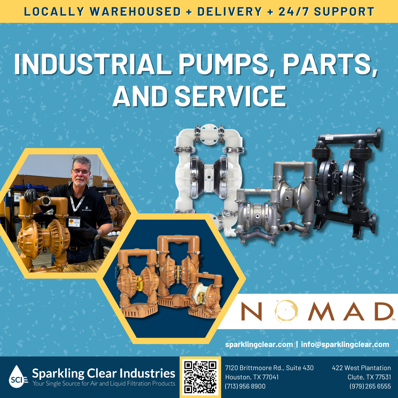 Industrial pumps, parts, and service ad with blue background, featuring NOMAD pumps