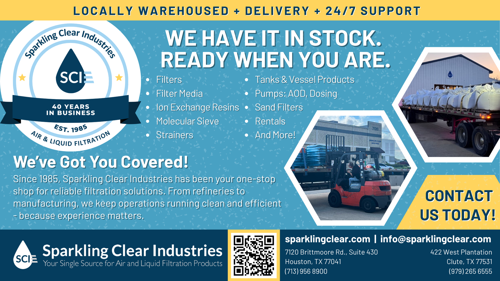 Advertisement for Sparkling Clear Industries, a supplier of chemical products, offering local warehousing, delivery, and 24/7 support.