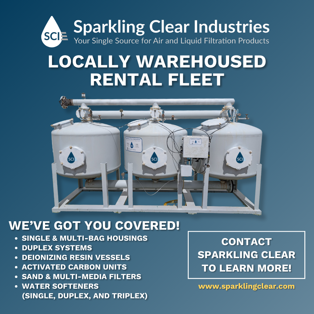 An advertisement for sparkling clear industries locally warehoused rental fleet