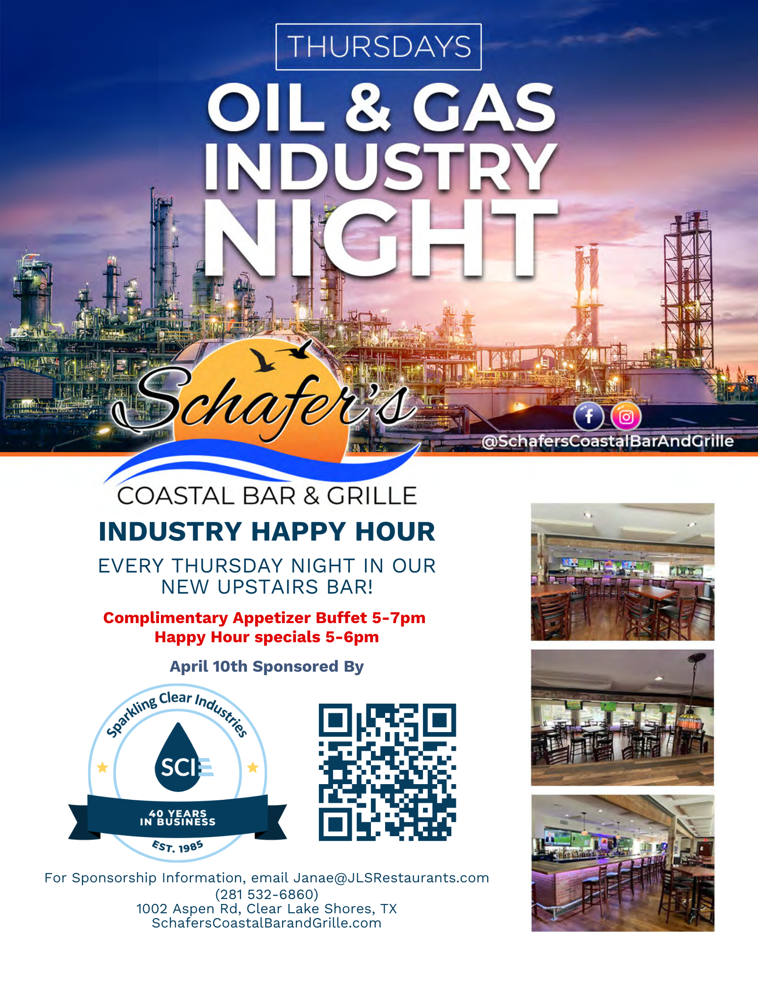 It is a flyer for an oil and gas industry night at Schafer's Bar & Grill sponsored by Sparkling Clear Industries