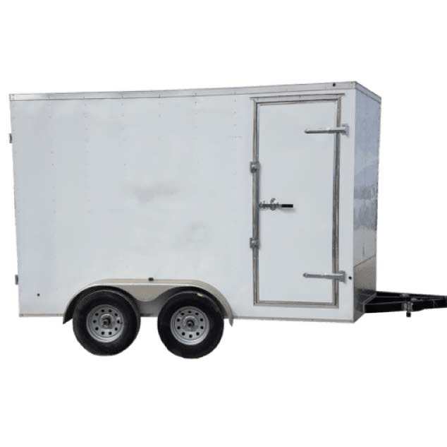 A white trailer with two wheels and a door
