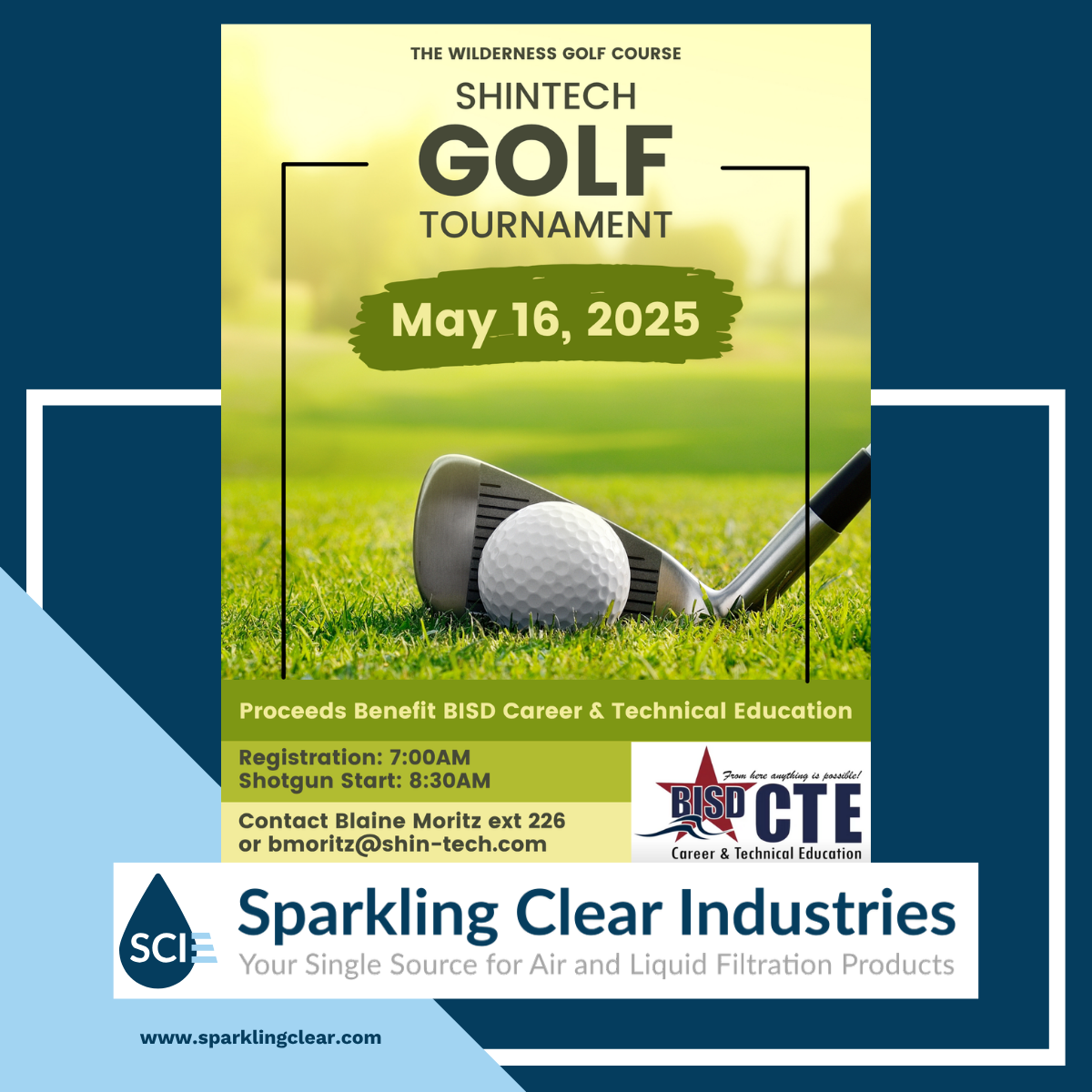A poster for the 2025 Shintech golf tournament sponsored by sparkling clear industries.