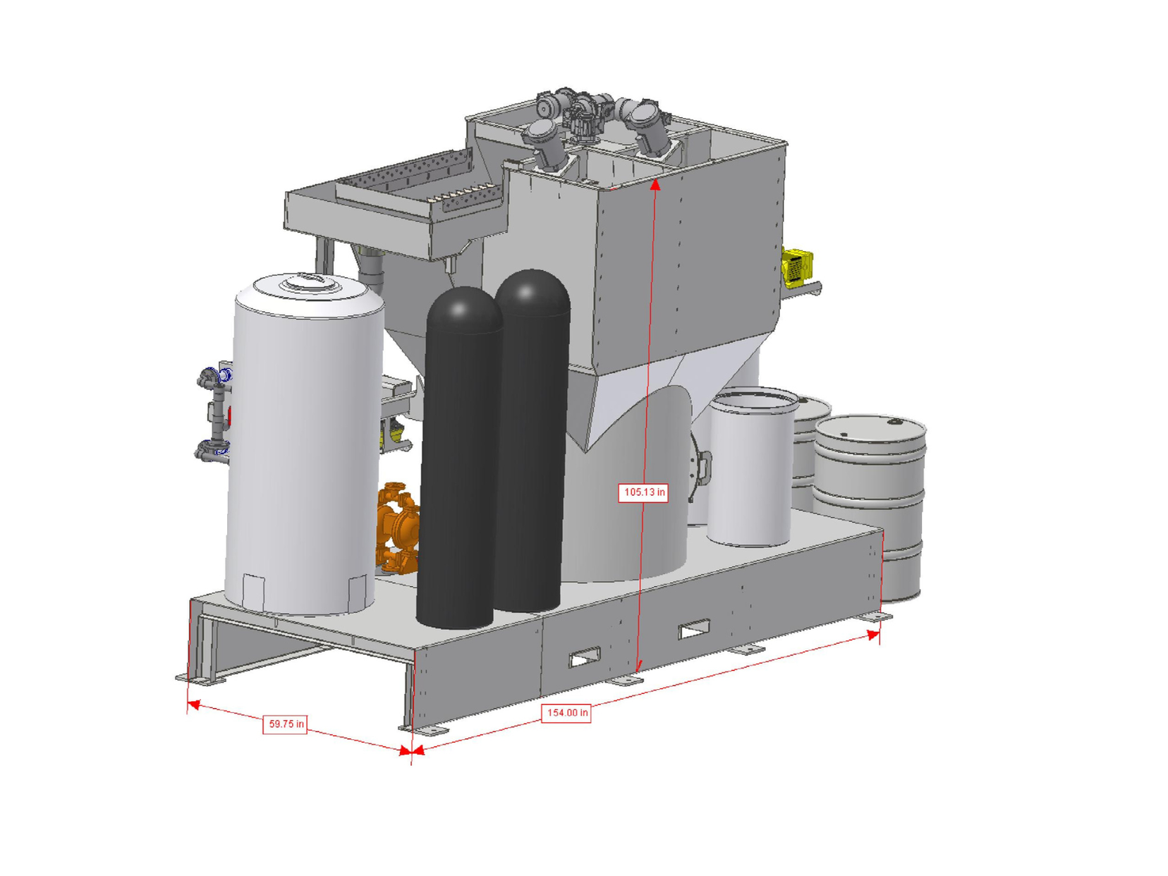 Isometric view of industrial wastewater system, featuring tanks, hoppers, and cylinders, all on a metal base.