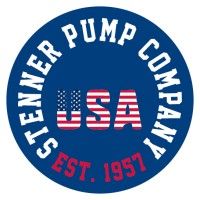 The stenner pump company logo is a blue circle with the american flag inside of it.