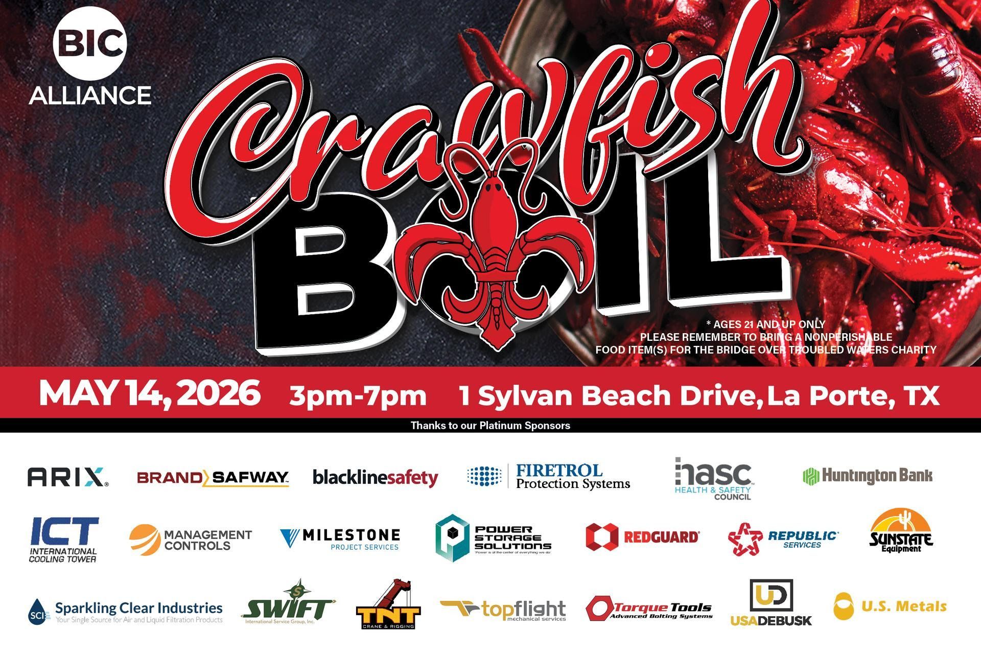 Crawfish Bowl event flyer with red-black background, May 14, 2026, 3–7pm, at 1 Sylvan Beach Drive, La Porte, TX, Sponsored by Sparkling Clear Industries