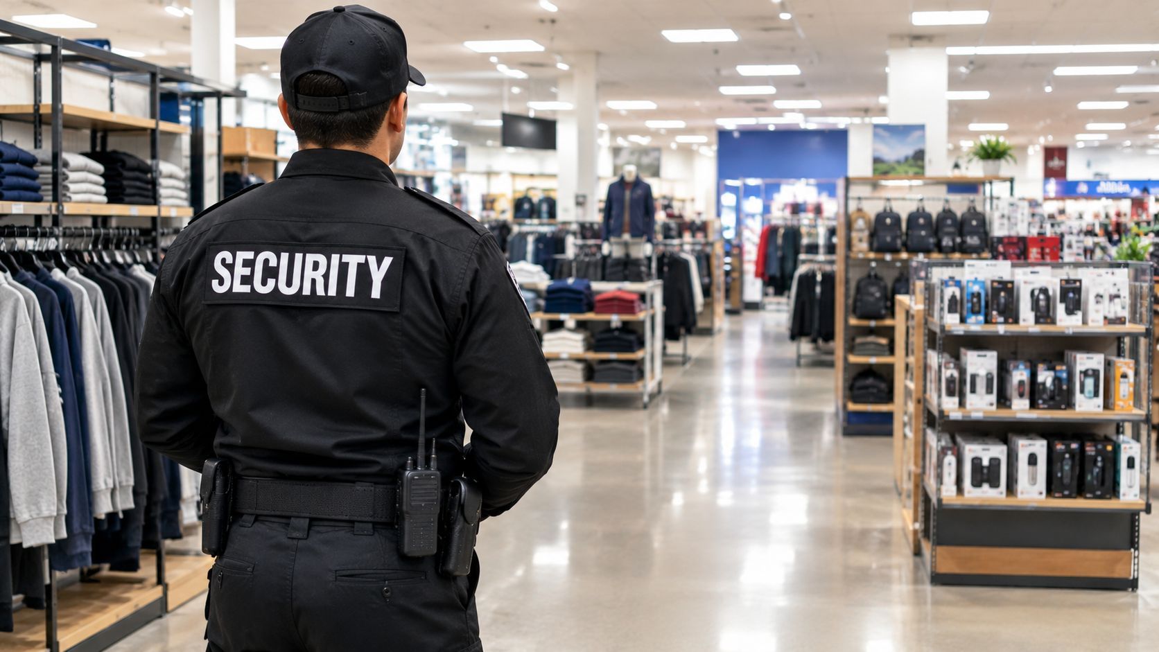 Security guard standing in a clothing store aisle, facing racks and shelves of merchandise