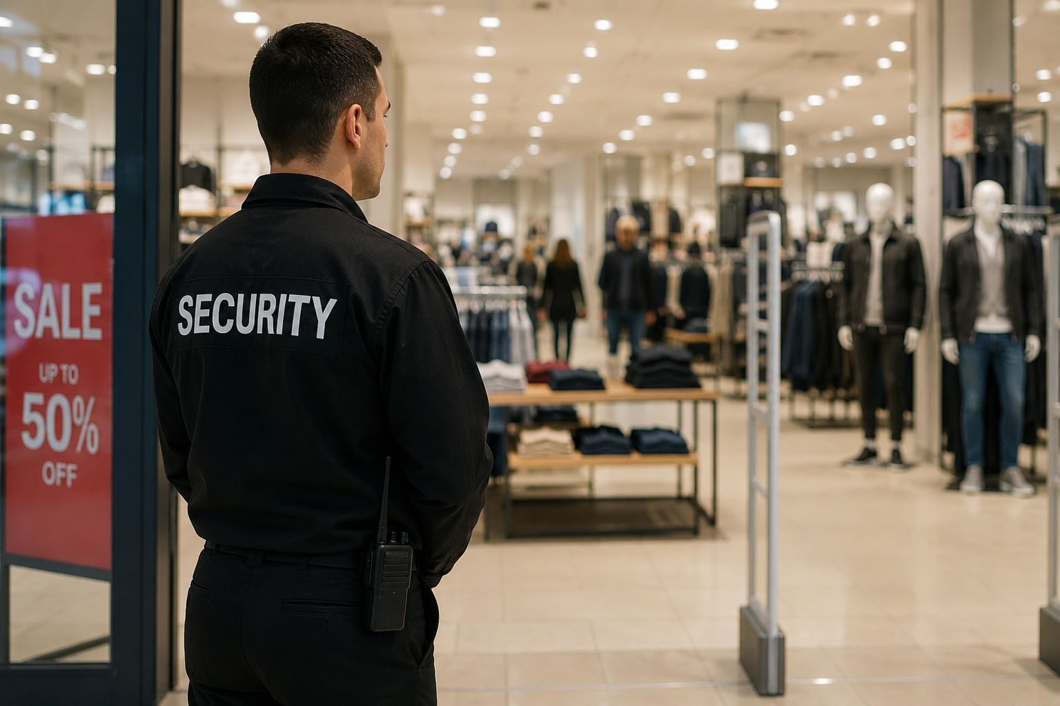 Security guard outside a clothing store entrance with sale signs visible