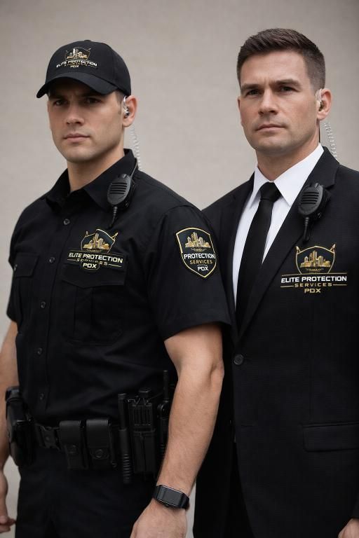 Two uniformed security officers in black stand side by side against a gray background.