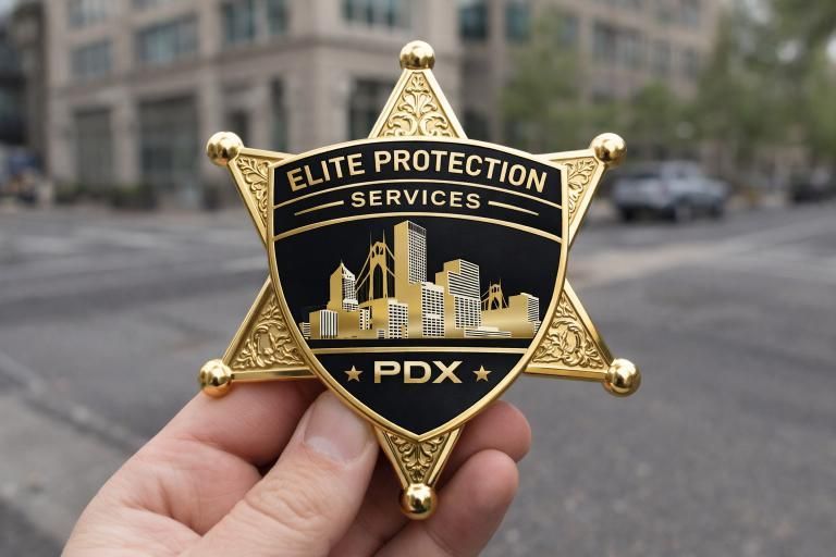 Hand holding a gold and black Elite Protection Services badge with PDX over a blurred city street