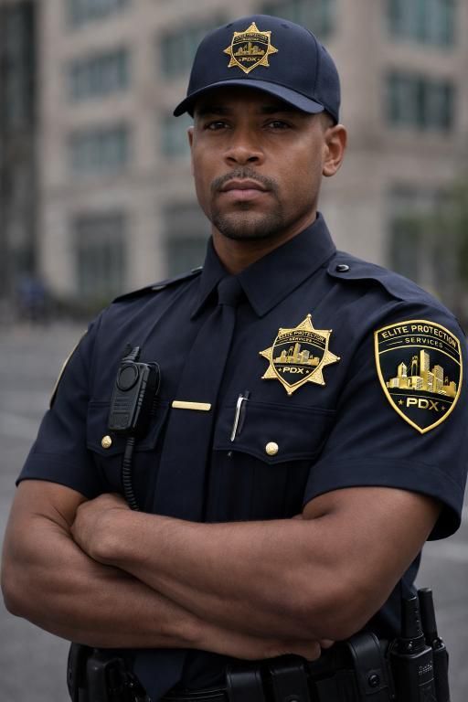Uniformed police officer standing with arms crossed, wearing a black cap and badge in front of a building.