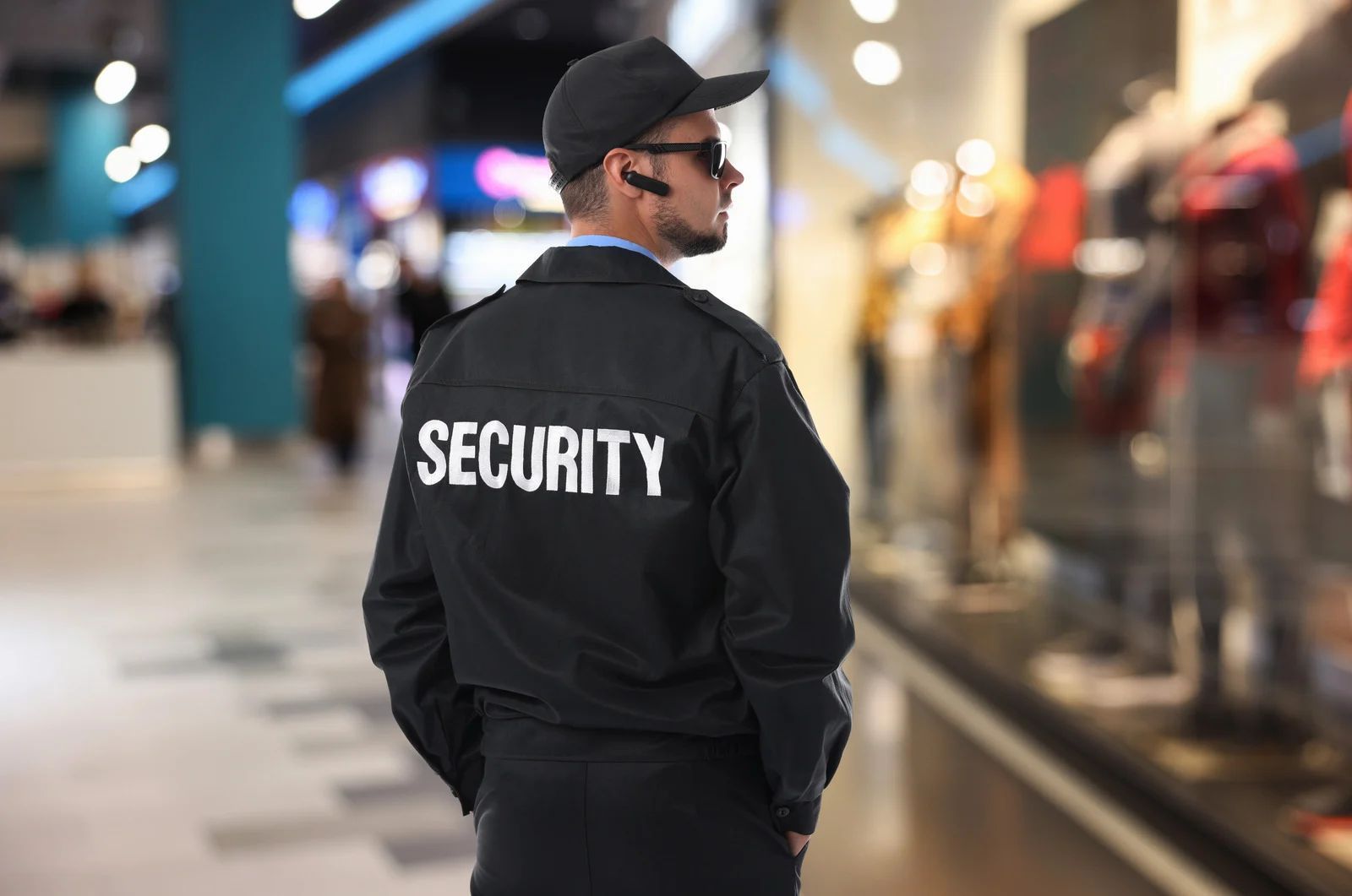 Security guard in black uniform and cap standing in a blurred indoor shopping mall.
