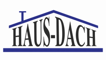 Logotipo de HAUS-DACH con línea de techo azul y texto negro sobre fondo blanco.