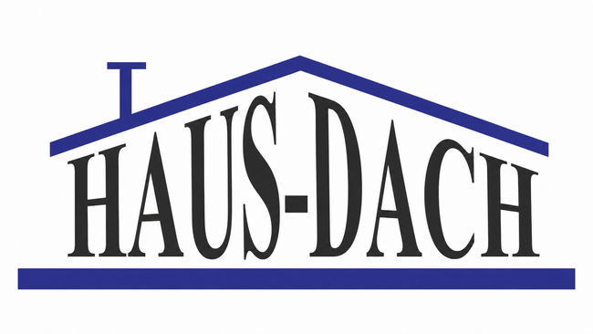 Logotipo de HAUS-DACH con una línea de techo azul sobre texto negro sobre fondo blanco.