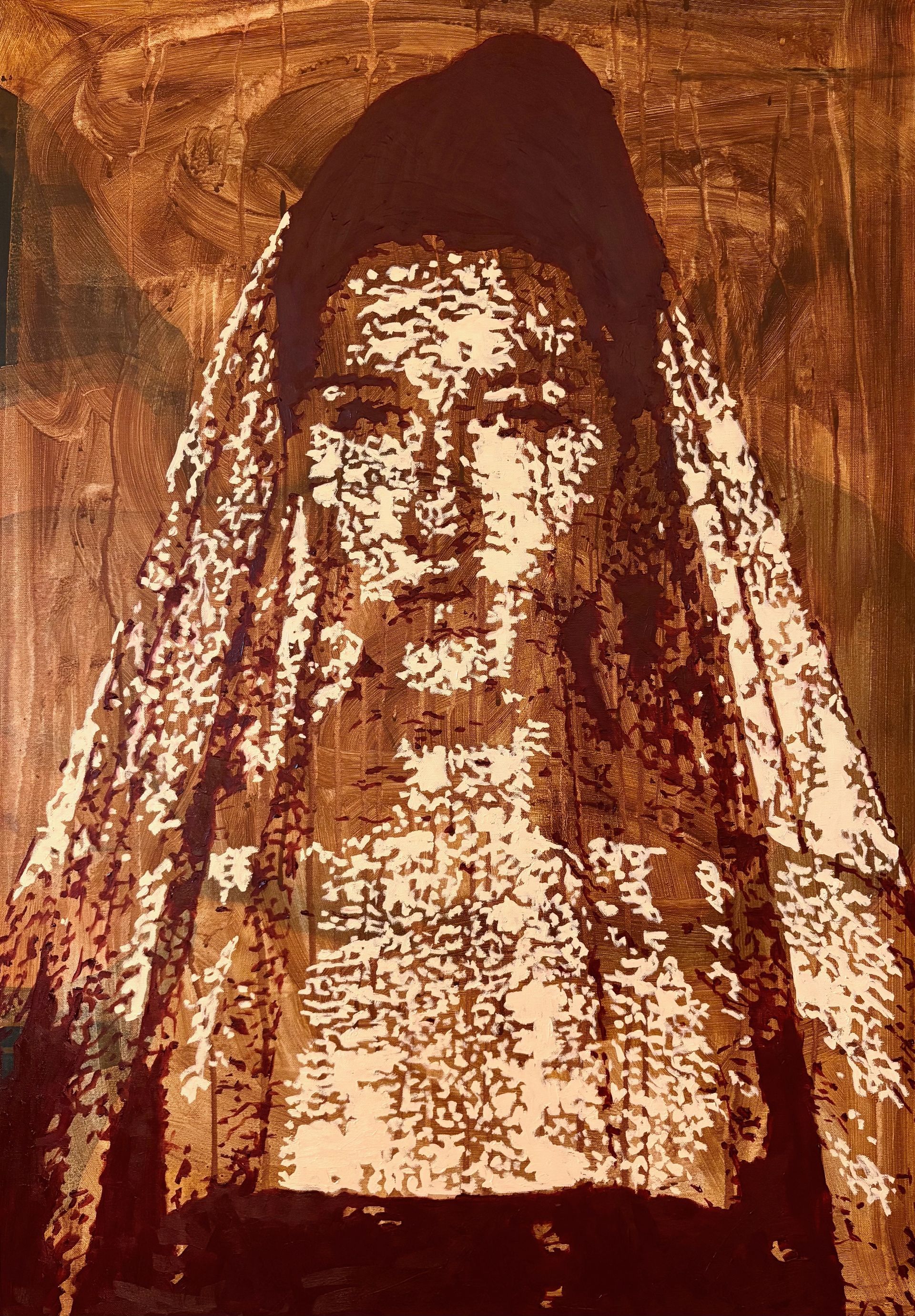 Veiled woman in a contemporary portrait painting by Sarah Vrieling.