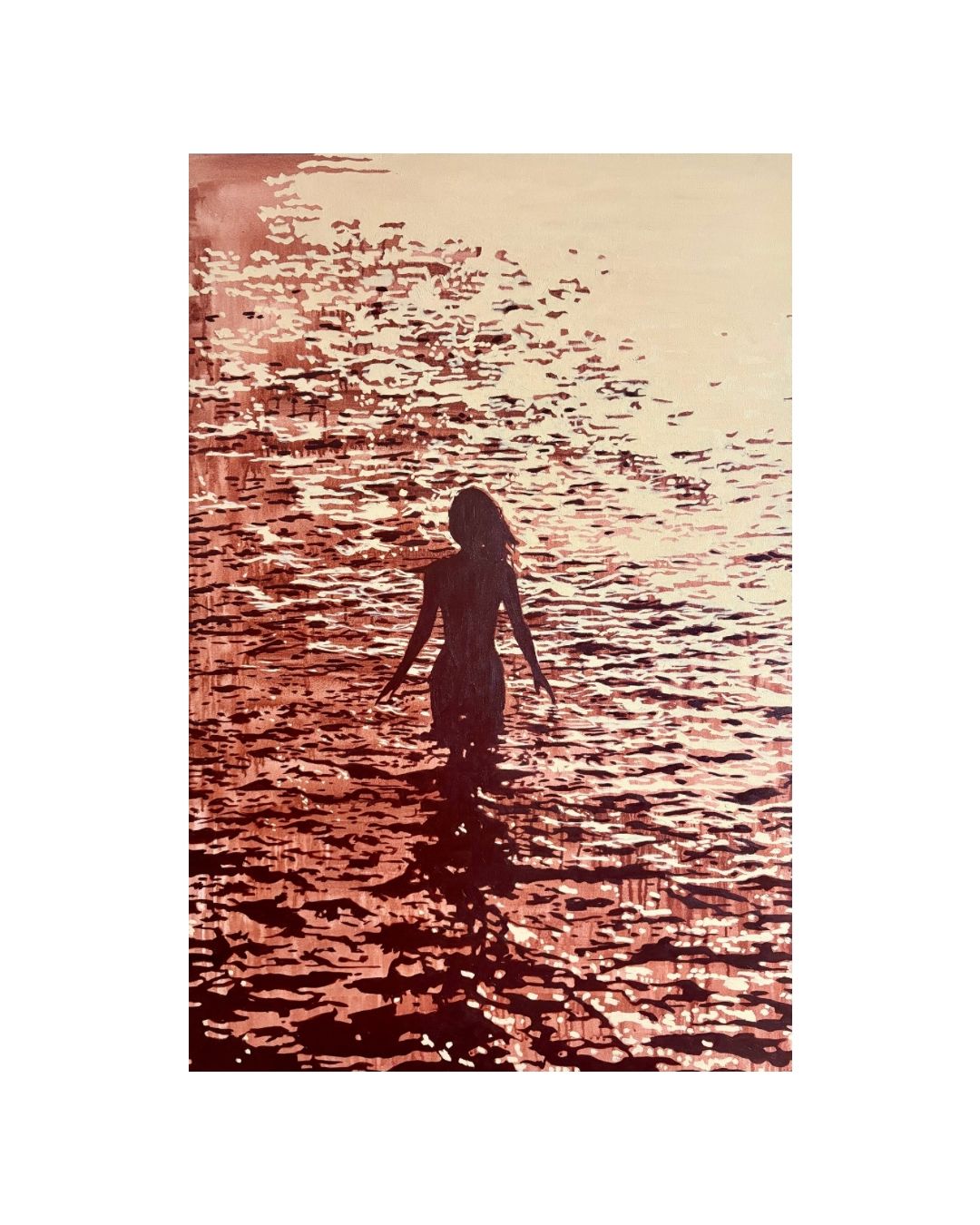 Woman walking through reflective water in a contemporary figurative painting by Sarah Vrieling.