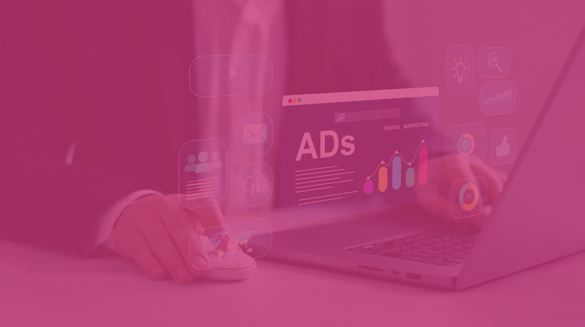 Person using a laptop with “ADs” analytics graphics, tinted pink in a digital marketing setting