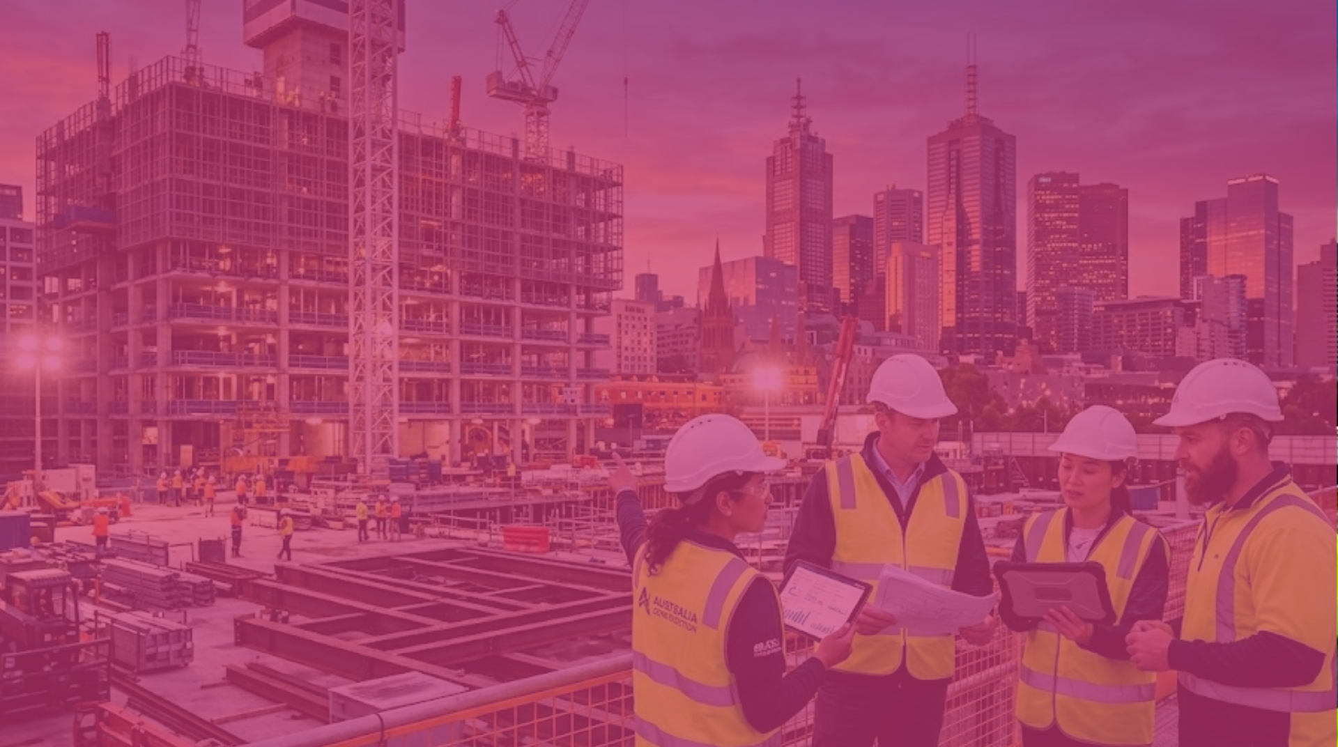 Construction workers in hard hats reviewing plans at a high-rise site, tinted pink.