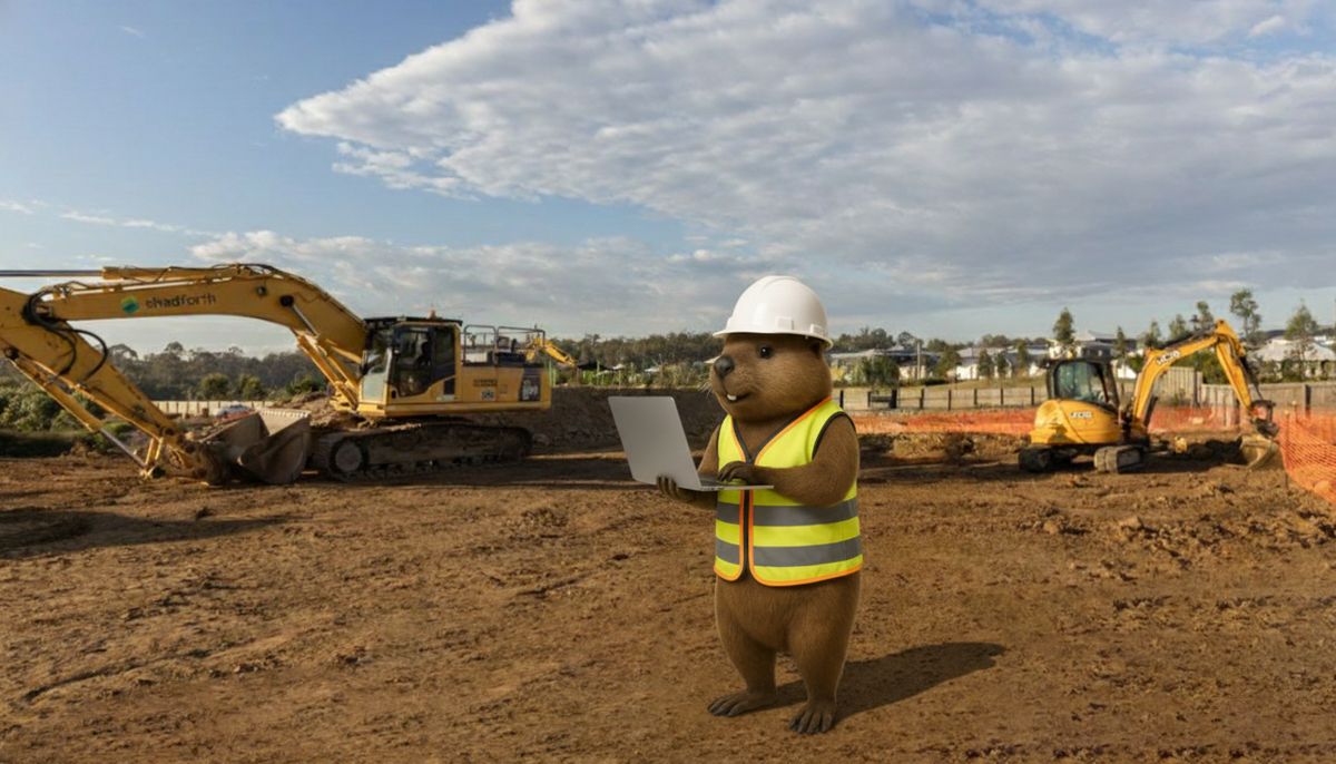 Cartoon construction worker in hard hat and safety vest at a dirt worksite with excavators in the background