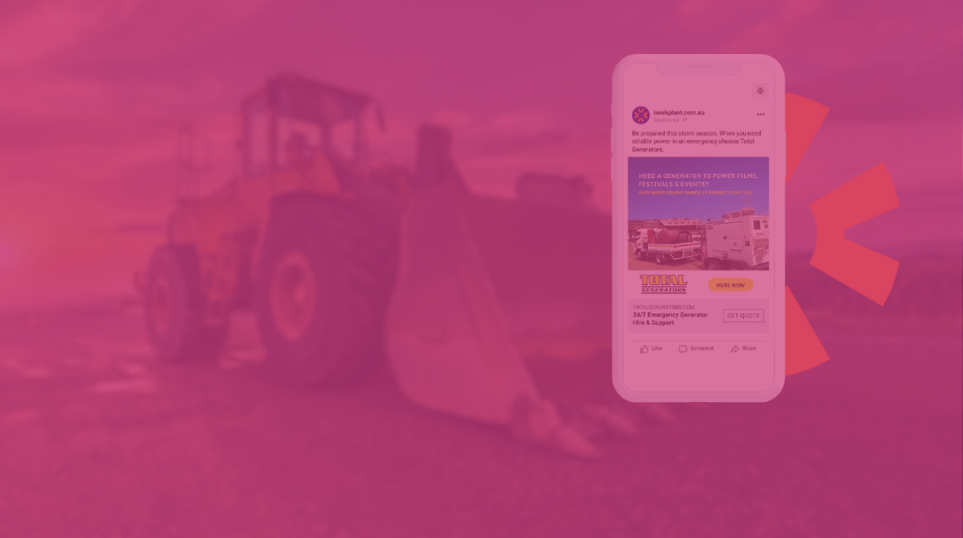 Pink-tinted construction scene with a smartphone app screen overlay and orange arrow graphic
