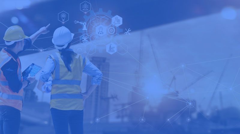 Construction workers in hard hats and reflective vests on a blue-tinted worksite with digital icons overlayed