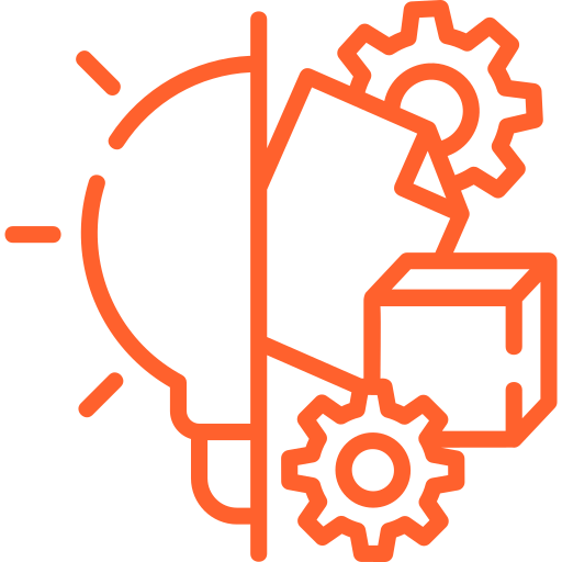 a line drawing of a light bulb surrounded by gears and boxes .