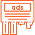 an orange icon of a newspaper with the word ads on it .