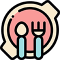 A fork and spoon icon in a circle on a white background.