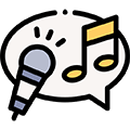 A microphone and music notes in a speech bubble.