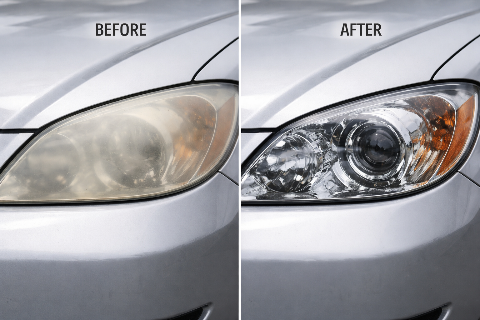 A side-by-side comparison of a car headlight before and after restoration, showing a transition from yellowed to clear.