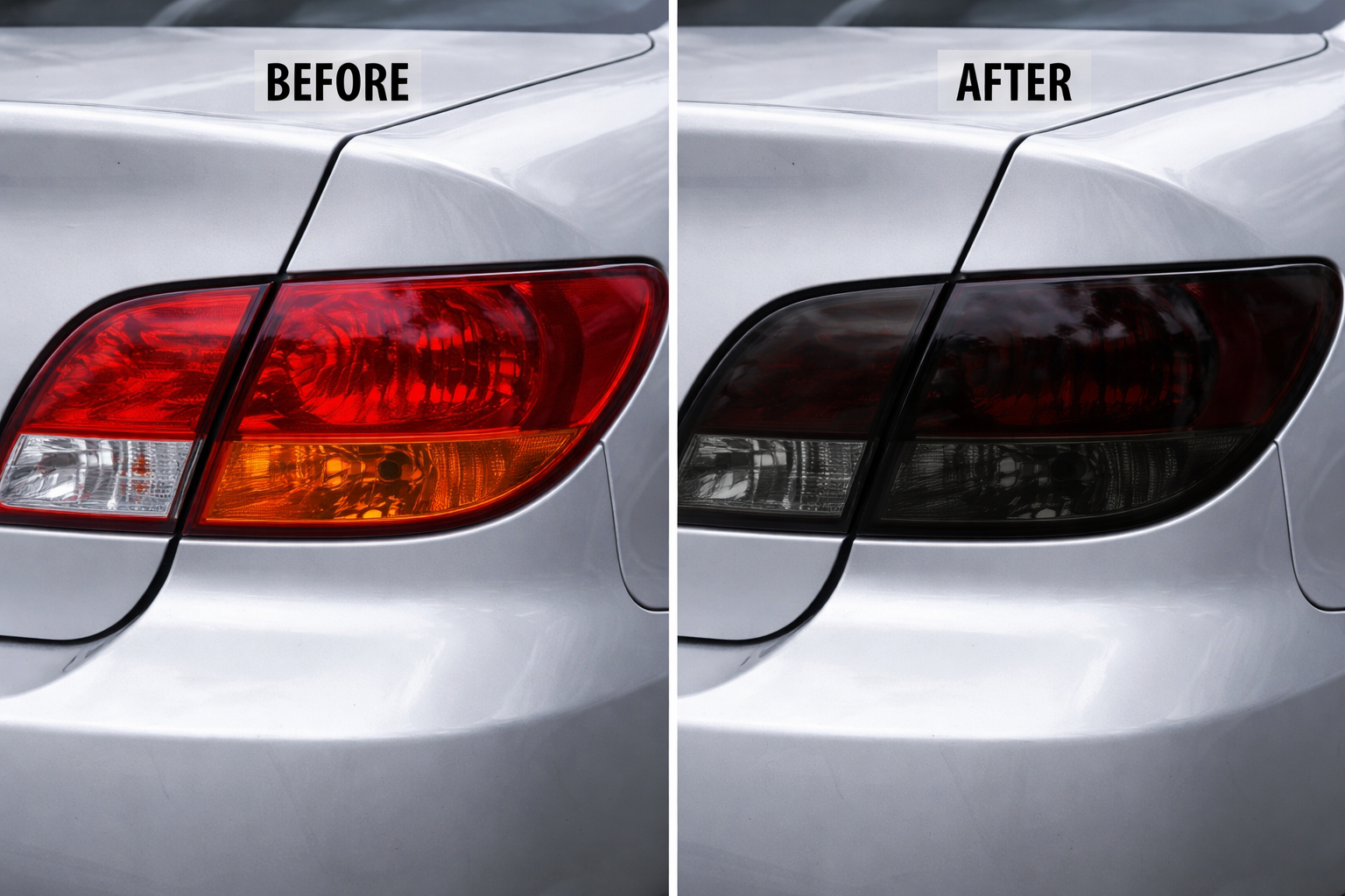 A side-by-side comparison of a car's taillight, showing the red lens before and after being tinted to a dark black finish.