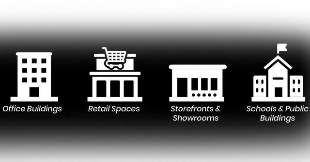 White icons on a black background representing Office Buildings, Retail Spaces, Storefronts & Showrooms,