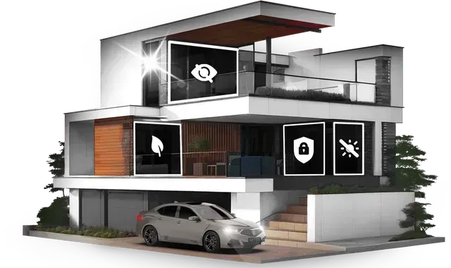 A modern two-story home with a car in front, featuring icons on the windows representing security, energy, and lighting.