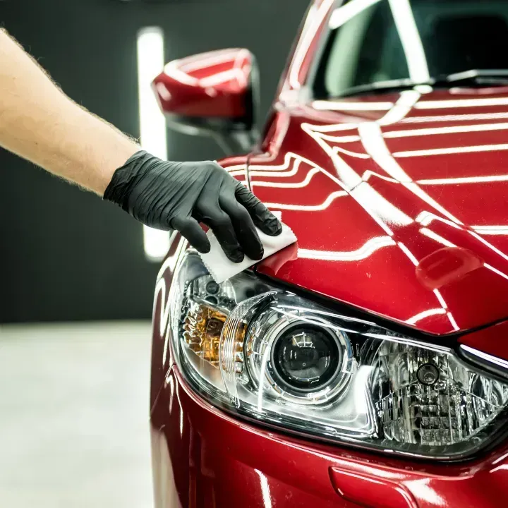 A gloved hand uses a white applicator sponge to apply ceramic coating to the red hood of a car.