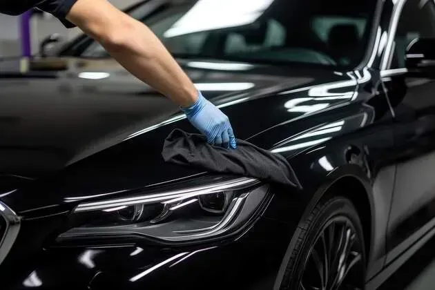 A gloved hand uses a cloth to wipe the hood and headlight of a shiny black car.