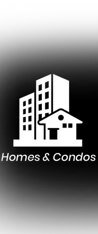 White icon of a high-rise building and a house on a black background, with the text 