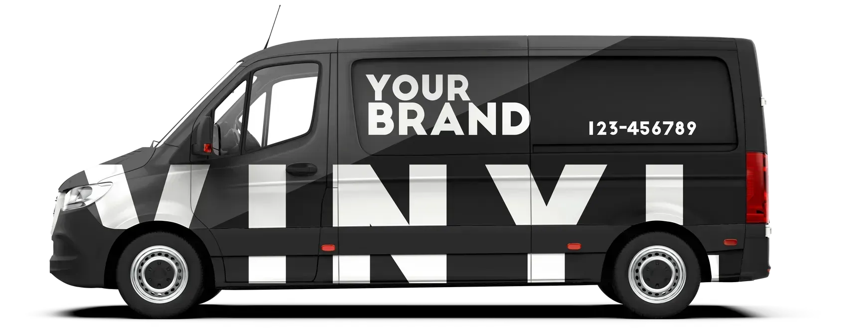 A black commercial delivery van featuring large white