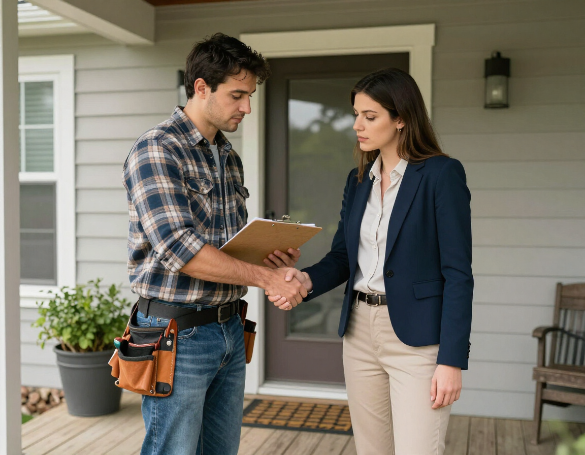 Jose Blanco shaking hands with a real estate agent on a porch