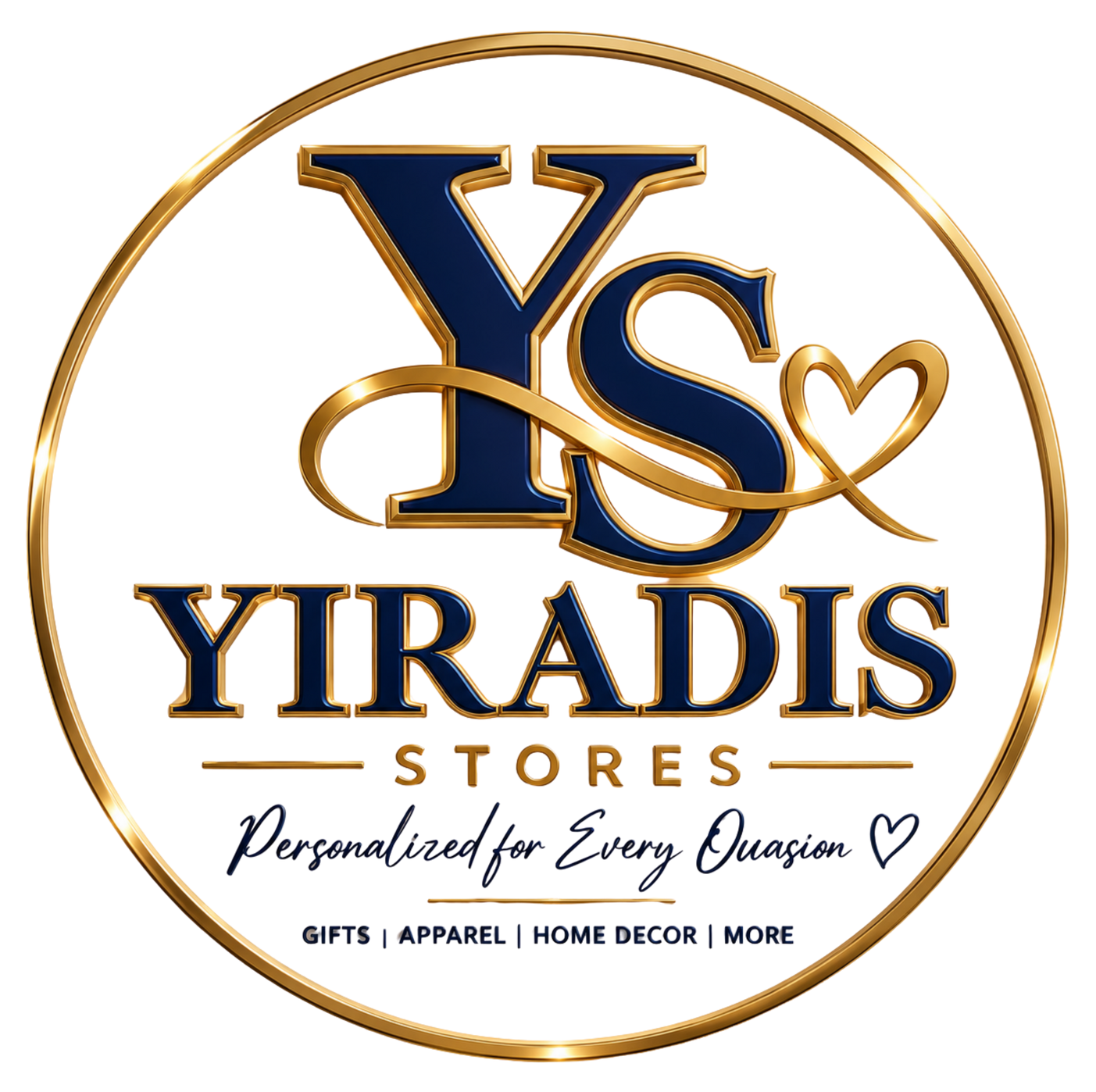 Gold circular YS YIRADIS STORES logo with blue lettering and heart accents on a beige background