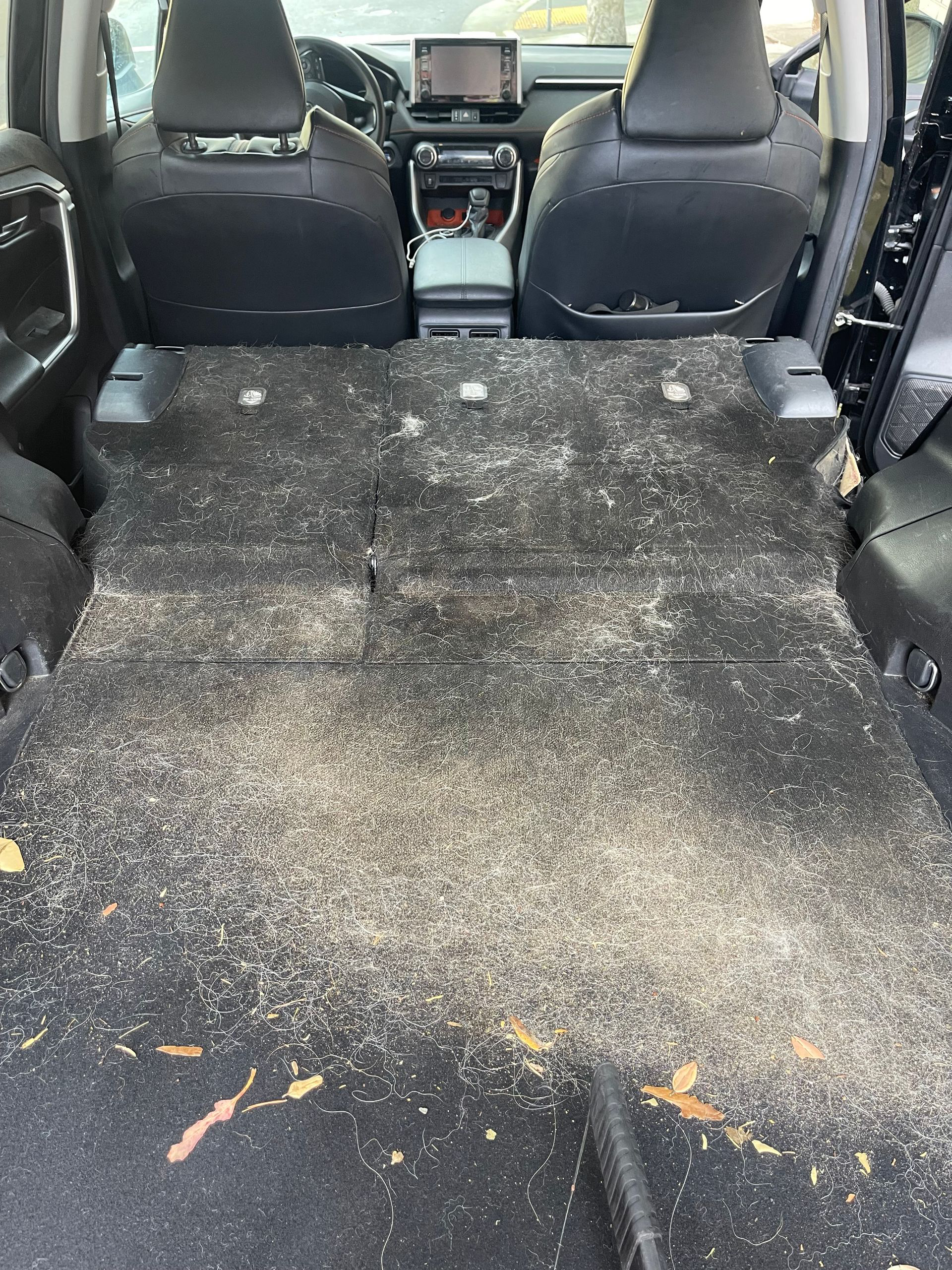 Car interior with rear seats removed, showing a dirty, carpeted cargo floor with debris and wear.