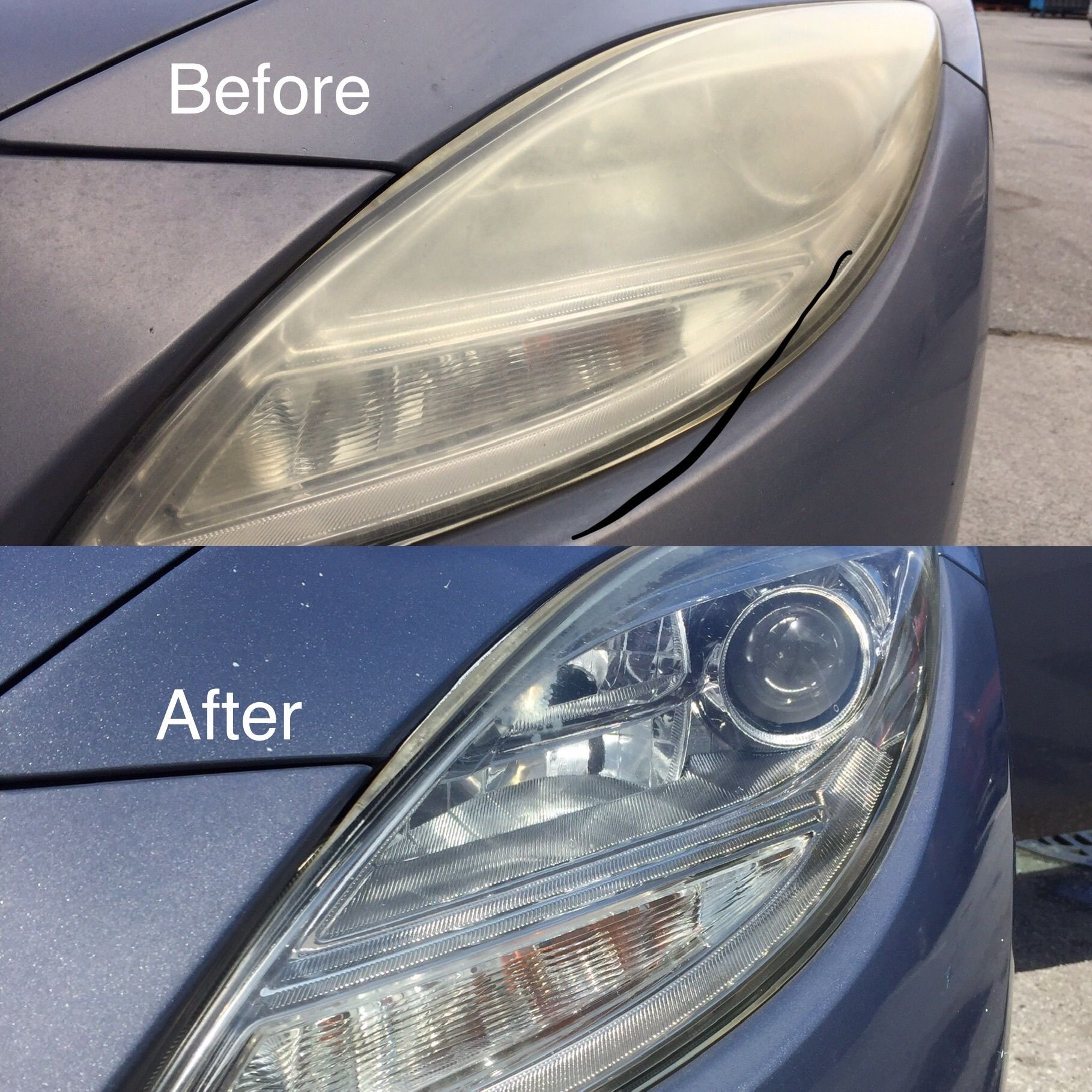 Before-and-after close-up of a cloudy car headlight restored to clear, shiny condition